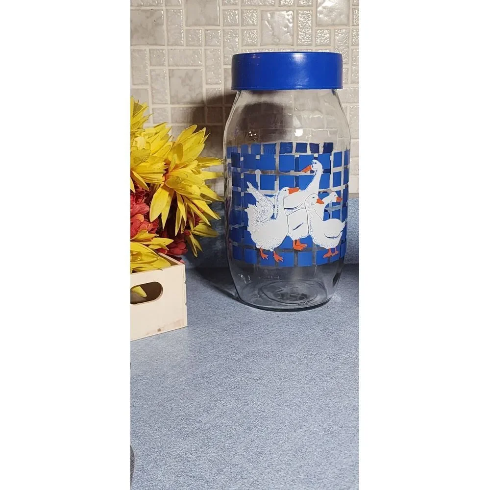 Carlton Glass Canister 2L collector Jar Vintage Geese Goose Duck Blue with Lid 8 - Picture 1 of 8